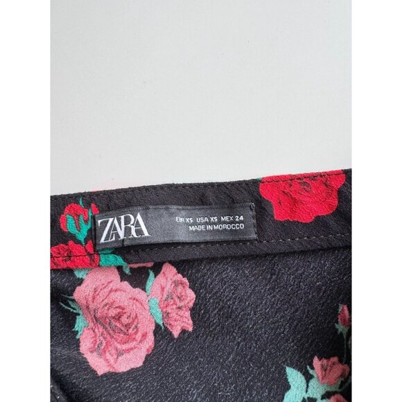 ZARA Black Rose Print Button Front A-Line Midi Slip Skirt, Size XS - Picture 11 of 14
